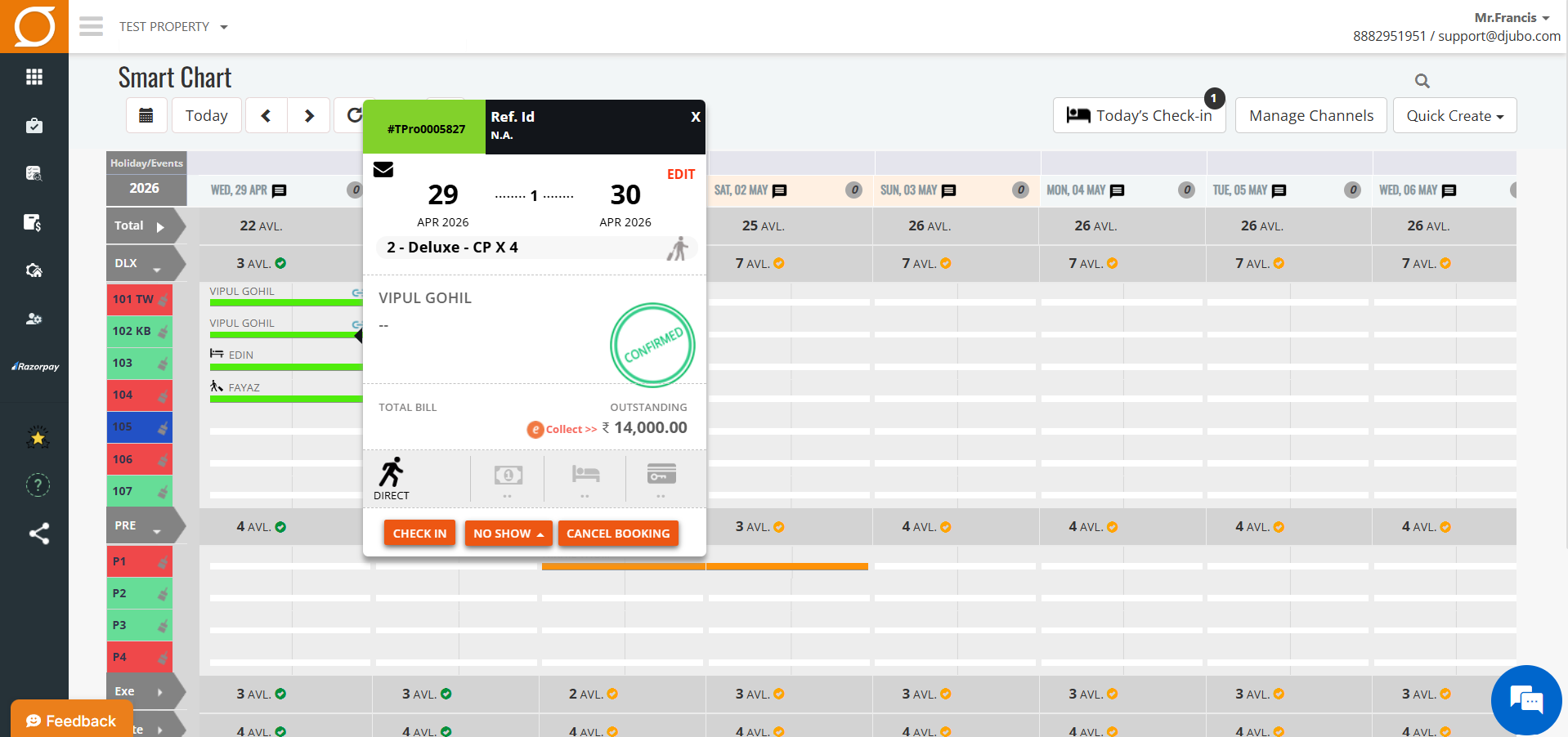 DJUBO PMS Smart Chart — live front desk reservation view showing room availability, check-ins and bookings